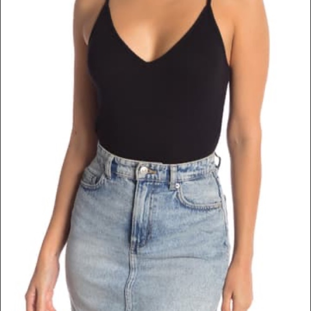NWT Black V Neck Ribbed Thong Bodysuit
